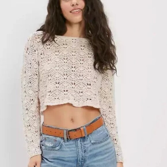 American Eagle Crochet Tie-Back Sweater, Cropped, Cream, Size L - Picture 8 of 8